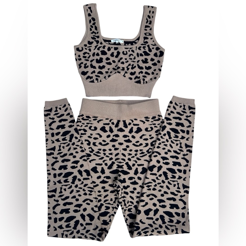 IMMODEL NWOT Women’s 2 Piece Leopard Print Set Crop Top High Waist Leggings